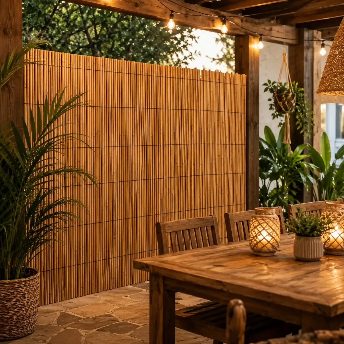 Esteira de bambu natural aplicada em um ambiente de madeira e decoração